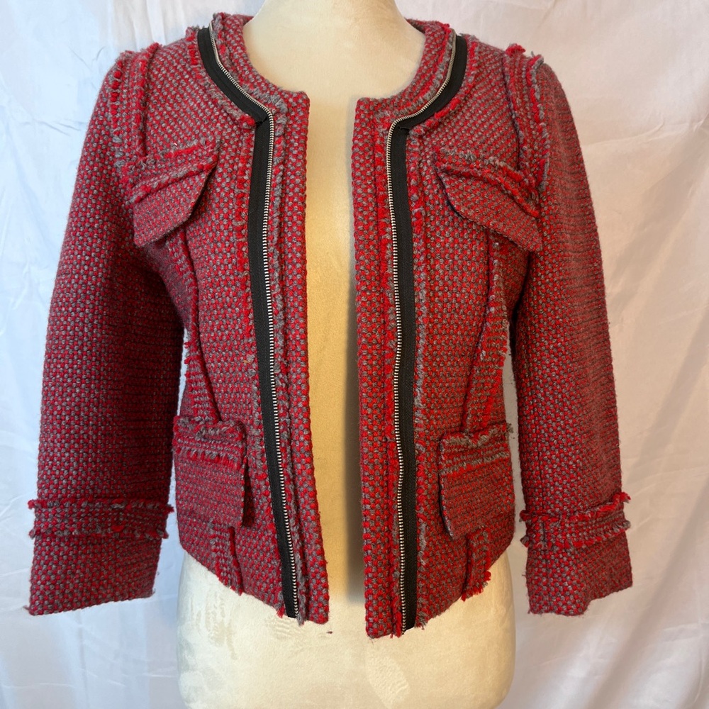 Hinge Red Tweed Blazer with Black Accents. Faux zipper and faux pockets.